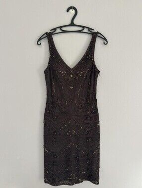 Vintage Sue Wong Nocturne Embellished Brown V-Neck Cocktail Dress Size 4
